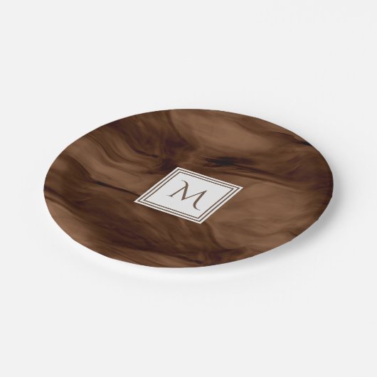 Eenvoudig donkerbruin subtiel marmer Modern Monogr Papieren Bordje (Gekanteld)