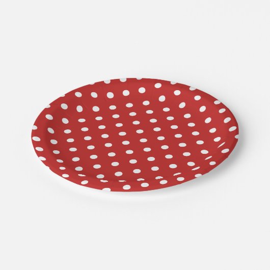 Eenvoudig donkerrood groot wit polka dot patroon papieren bordje (Gekanteld)