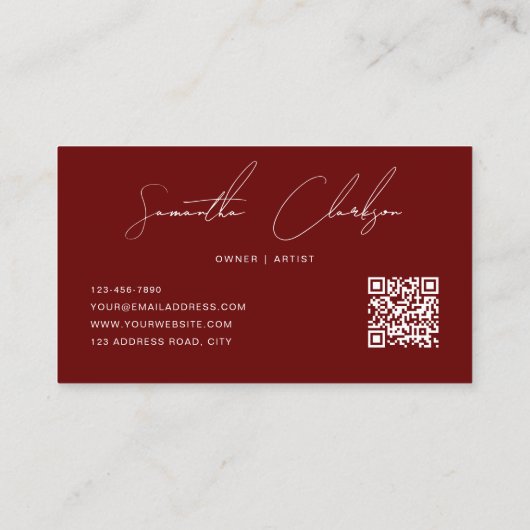 Eenvoudig Donkerrood Modern Handgeschreven Script Visitekaartje (Achterkant)
