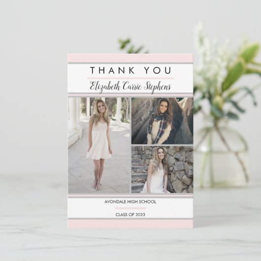 Eenvoudig, drie foto-roze | Witte Afstuderen Bedankkaart (Staand voorkant)