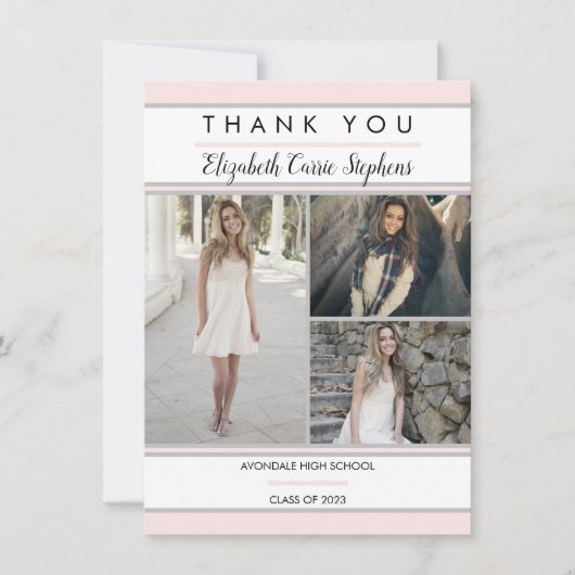 Eenvoudig, drie foto-roze | Witte Afstuderen Bedankkaart (Voorkant)