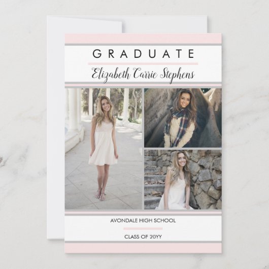Eenvoudig, drie foto's, Blush Pink Afstuderen Aankondiging (Voorkant)