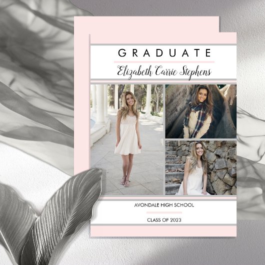Eenvoudig, drie foto's, Blush Pink Afstuderen Aankondiging