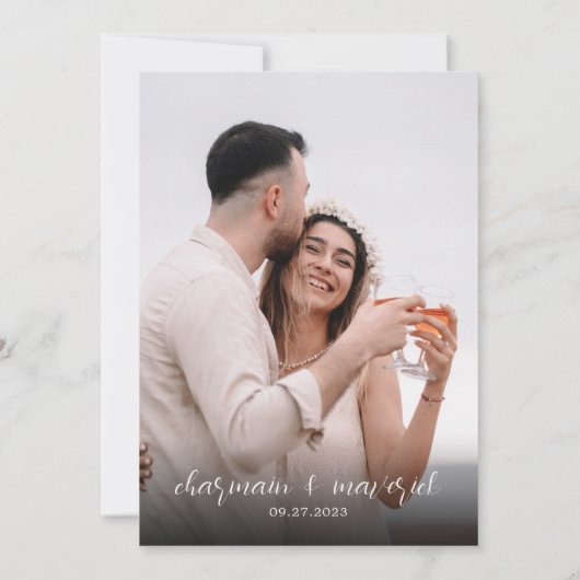 Eenvoudig dromerig script foto bruiloft save the d kaart (Achterkant)