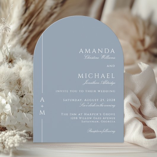 Eenvoudig Dusty Blue Elegant Monogram QR-code Trou Kaart