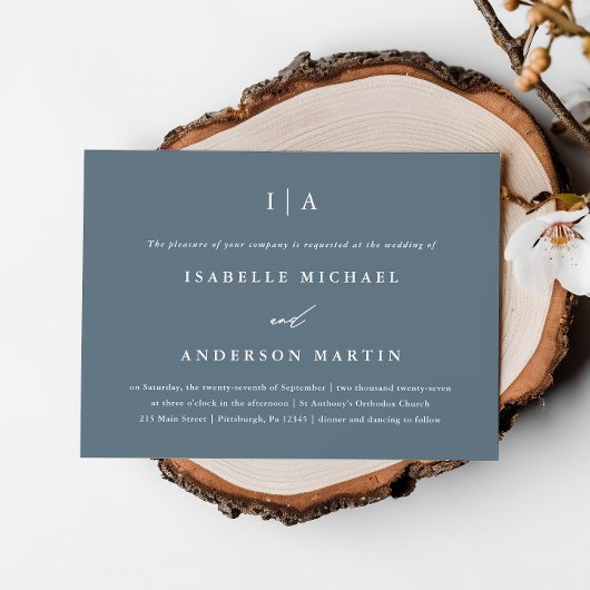 Eenvoudig Dusty Blue Monogram Weddenschap Kaart