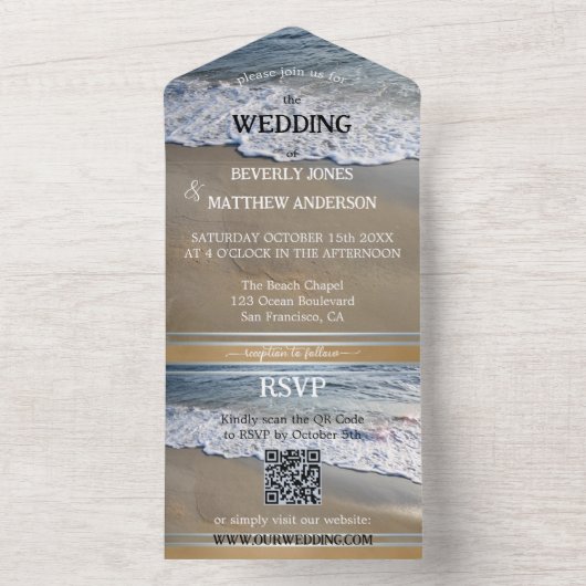 Eenvoudig Dusty Blue Sandy Beach bruiloft All In One Uitnodiging (Binnen)