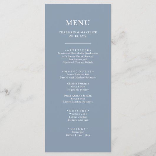 Eenvoudig Dusty Blue Wedding Menu (Voorkant)