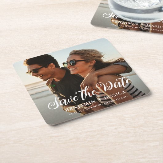 Eenvoudig één fotohuwelijk sparen de Datum Kartonnen Onderzetters (Schuin)