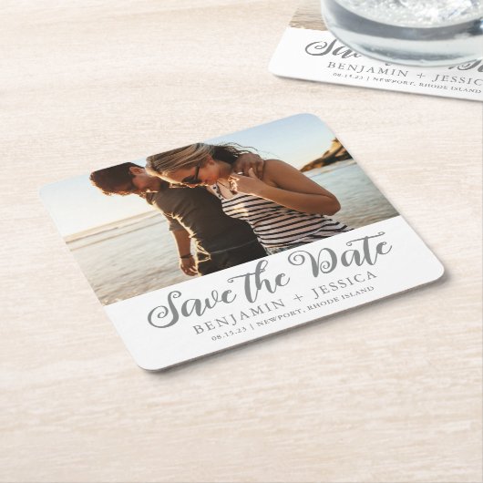 Eenvoudig één fotohuwelijk sparen de Datum Kartonnen Onderzetters (Schuin)