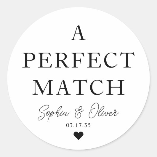 Eenvoudig Een PERFECTE MATCH Hart Bruiloft Wedstri Ronde Sticker (Voorkant)