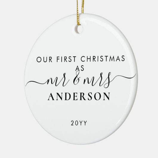 Eenvoudig Eerste Kerstfeest Gehuwd met Mr. en Mrs. Keramisch Ornament (Links)