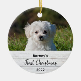 Eenvoudig eerste kerstfeest Rustige houten foto Keramisch Ornament