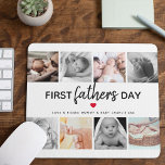 Eenvoudig eerste Vaderdag Afbeelding | Papa Muismat<br><div class="desc">Creëer je eigen speciale First Fathers Day cadeau met deze leuke afbeeldingen collage muismat. Met 8 vierkante foto's en de tekst 'Eerste Vaderdag' is het woord Vader in modern schrift, een schattig klein rood hart dat kan worden veranderd in elke kleur, liefde & kussen en naam / s. Alle tekst...</div>