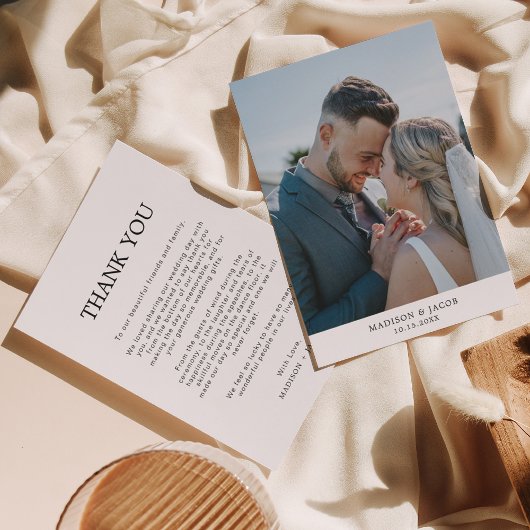 Eenvoudig effen wit met foto bruiloft bedankkaart