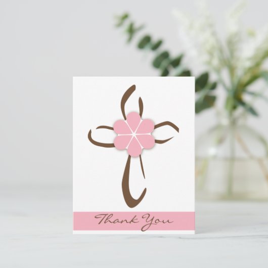 Eenvoudig eigentijds Kruis met roze aanflager Bedankkaart (Staand voorkant)