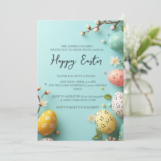 Eenvoudig einde Elegante bloemen en eieren Happy E Kaart (Staand voorkant)