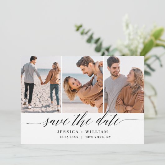 Eenvoudig Elegant 3 foto bruiloft Modern Eenvoudig Save The Date (Staand voorkant)