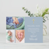 Eenvoudig Elegant 3 Foto Onderschrift Script Doop Bedankkaart (Staand voorkant)