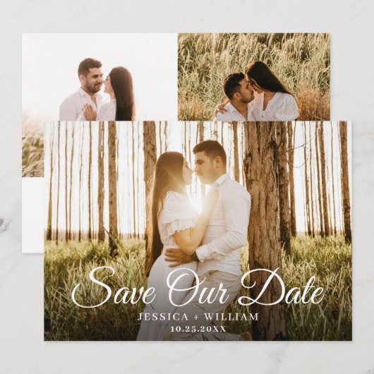 Eenvoudig Elegant 3 Photo Wedding Save The Date (Voorkant / Achterkant)