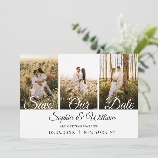 Eenvoudig Elegant 3 Photo Wedding Save The Date (Staand voorkant)