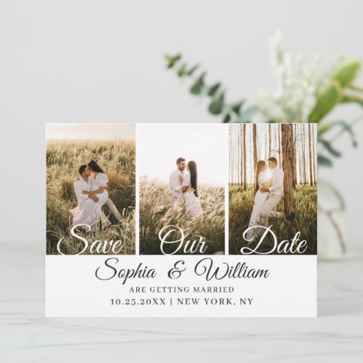 Eenvoudig Elegant 3 Photo Wedding Save The Date (Staand voorkant)