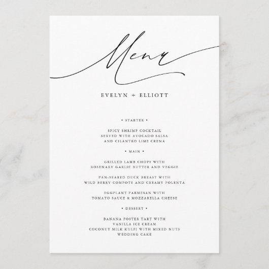 Eenvoudig Elegant 5x7 Bruiloft Diner Voedsel Menu  (Voorkant)