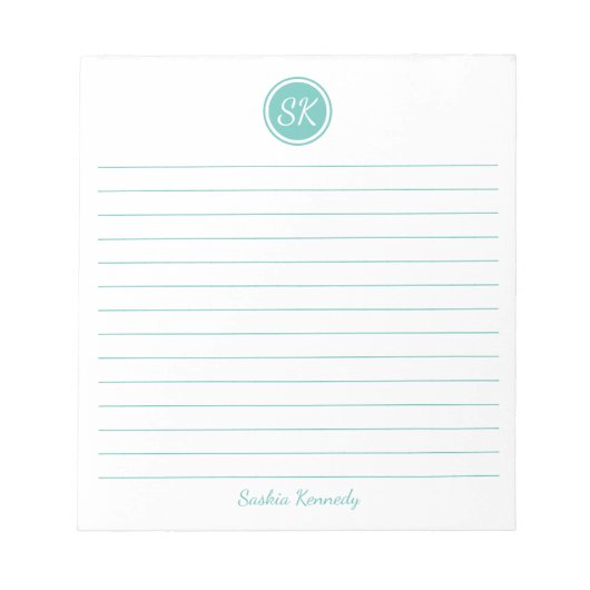 Eenvoudig Elegant Aqua Lined Monogram Notitieblok (Voorkant)