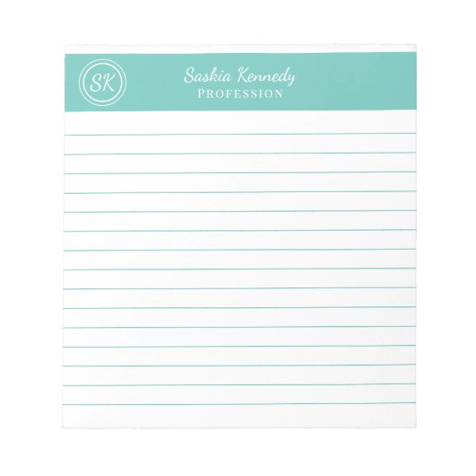 Eenvoudig Elegant Aqua Voering Monogram Notitieblok (Voorkant)