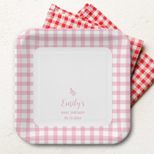 Eenvoudig Elegant Baby Roze Gingham Meisje Baby sh Papieren Bordje