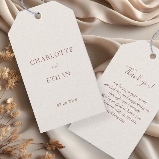 Eenvoudig, elegant, beige, trouwfeest cadeaulabel