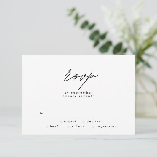 Eenvoudig Elegant Black en White Text Wedding RSVP (Staand voorkant)