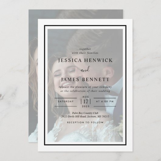 Eenvoudig Elegant Black Script Photo Overlay Wedde Kaart (Voorkant / Achterkant)