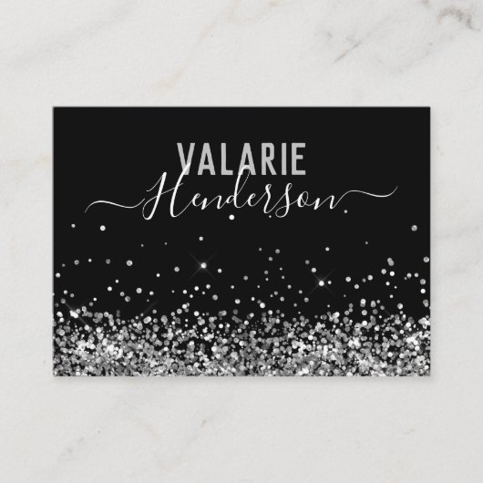 Eenvoudig elegant Black Silver Script Glitter Visitekaartje (Voorkant)
