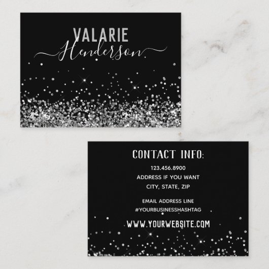 Eenvoudig elegant Black Silver Script Glitter Visitekaartje (Voorkant / Achterkant)