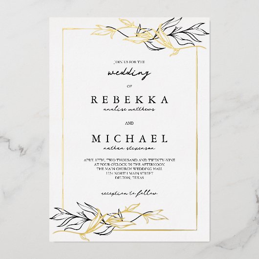 Eenvoudig Elegant Black White Foliage Weddenschap Folie Uitnodiging (Voorkant)