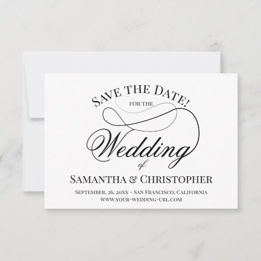 Eenvoudig Elegant Black & White Lacy Script Wedden Save The Date (Voorkant)