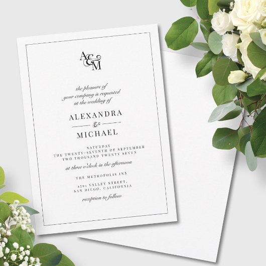 Eenvoudig Elegant Black White Modern Monogram Wedd Kaart