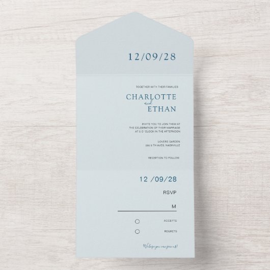 Eenvoudig, elegant blauw all in one uitnodiging (Binnen)