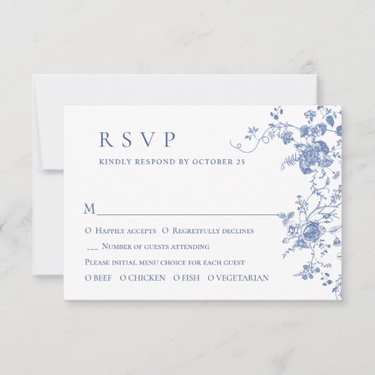 Eenvoudig Elegant Blauw Frans Tuin Bloemen Bruilof RSVP Kaartje (Voorkant)
