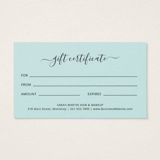 Eenvoudig Elegant Blauwgroen Turquoise Gift Certif Visitekaartje (Achterkant)