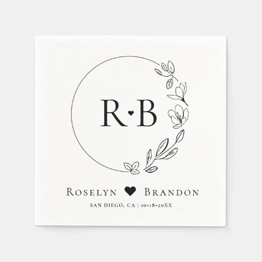 Eenvoudig Elegant Bloemen Krans Bruiloft Monogram Servet (Voorkant)