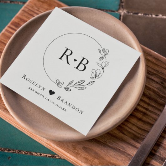 Eenvoudig Elegant Bloemen Krans Bruiloft Monogram Servet