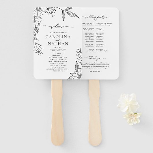 Eenvoudig Elegant Bloemen Zwart Wit Trouwprogramma Handwaaier (Voorkant en achterkant)
