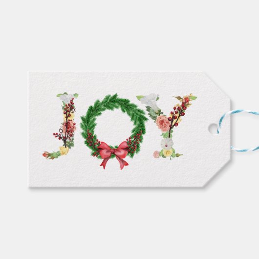 Eenvoudig elegant bloemig kerstkrans vreugdescript cadeaulabel (Voorkant (Horizontaal))