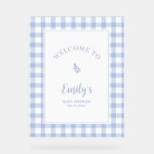 Eenvoudig Elegant Blue Gingham Baby shower Welkom Acryl Bord (Voorkant)
