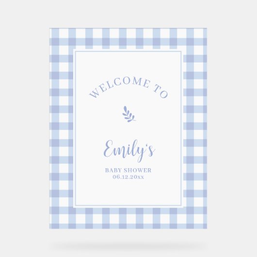 Eenvoudig Elegant Blue Gingham Baby shower Welkom Acryl Bord (Voorkant)