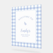 Eenvoudig Elegant Blue Gingham Baby shower Welkom Acryl Bord (Hoek)