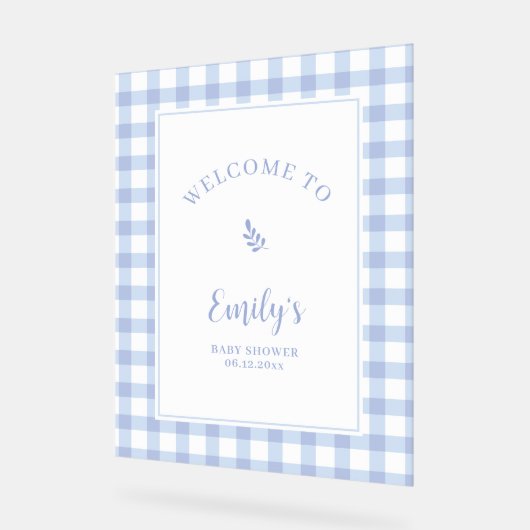 Eenvoudig Elegant Blue Gingham Baby shower Welkom Acryl Bord (Hoek)