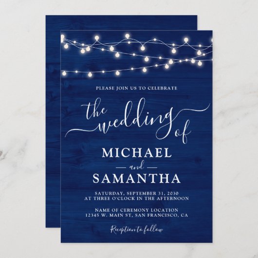 Eenvoudig Elegant Blue Wood Rustic Wedding Kaart (Voorkant / Achterkant)